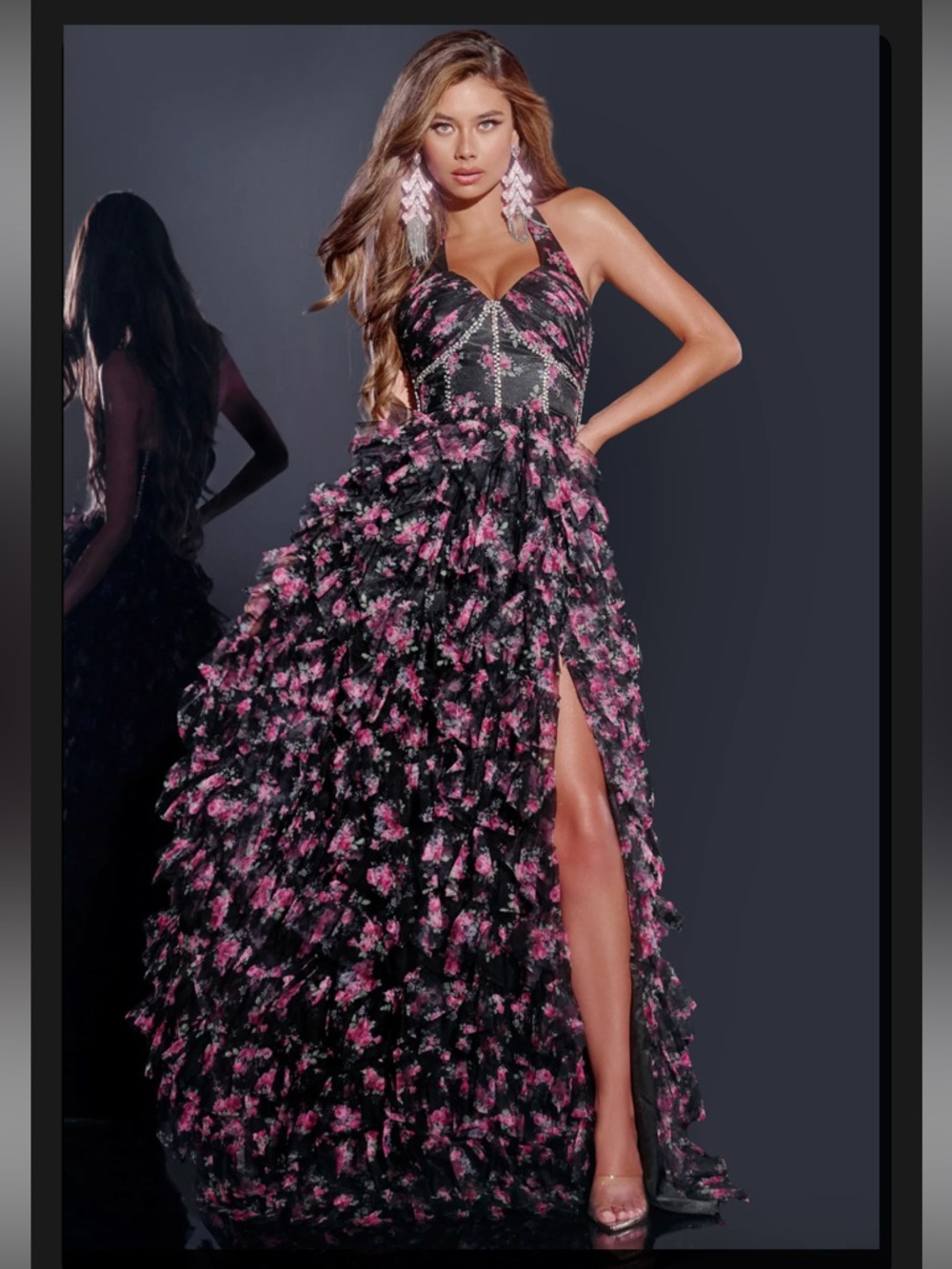 Jovani • Floral Tiered Gown with Elegant Slit D5065 Sz 4 NWT
